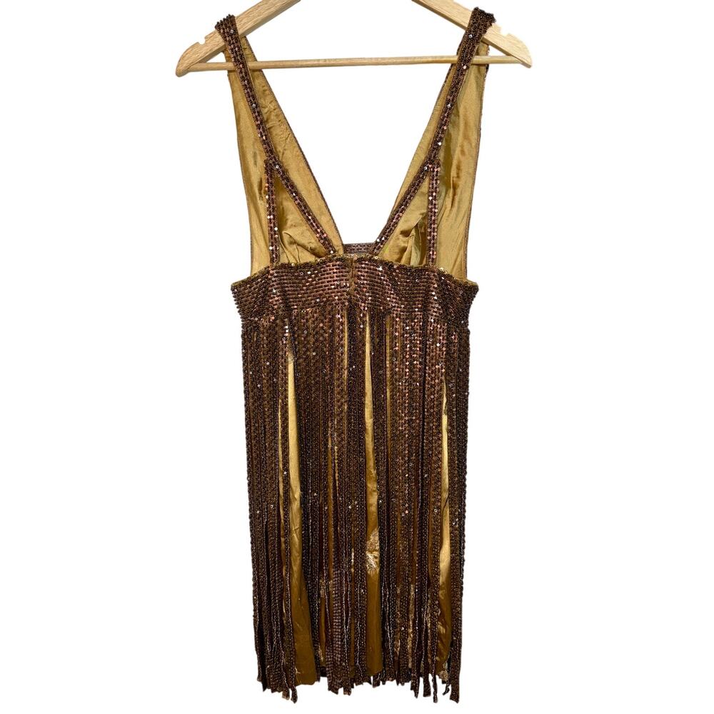 NWT Mandalay Gold Beaded Fringe Studded Sequin Mini Cocktail Party Dress Size 2 - Picture 6 of 13
